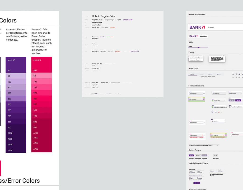 Darstellung des Design-Systems. Zu sehen sind das Farbschema, die Schriften und eine Übersicht aller Komponenten.