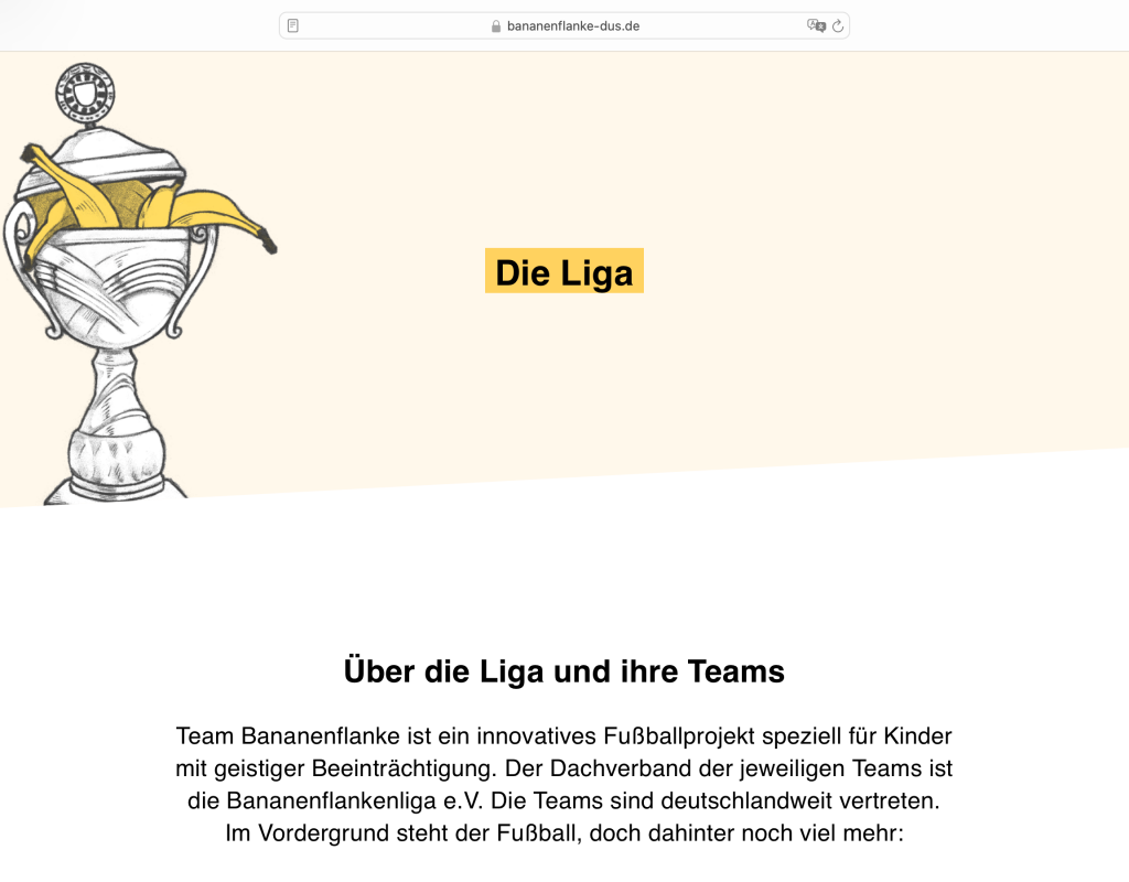 Eine Bildschirmaufnahme der Unterseite „Die Liga“ Im Kopf der Seite ist eine Illustration eines mit Bananen gefüllten Pokals zu sehen..