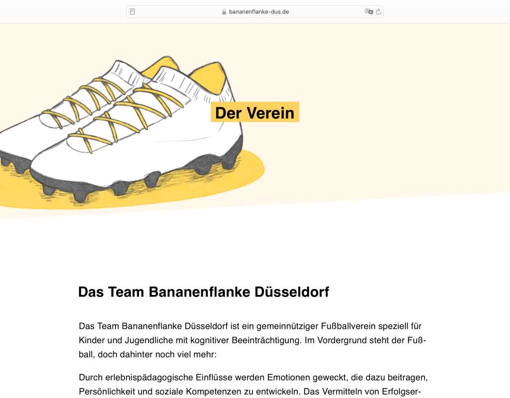 Eine Bildschirmaufnahme der Unterseite „Aktuelles“ Im Kopf der Seite ist ein paar Fußballschuhe als Illustration zu sehen.