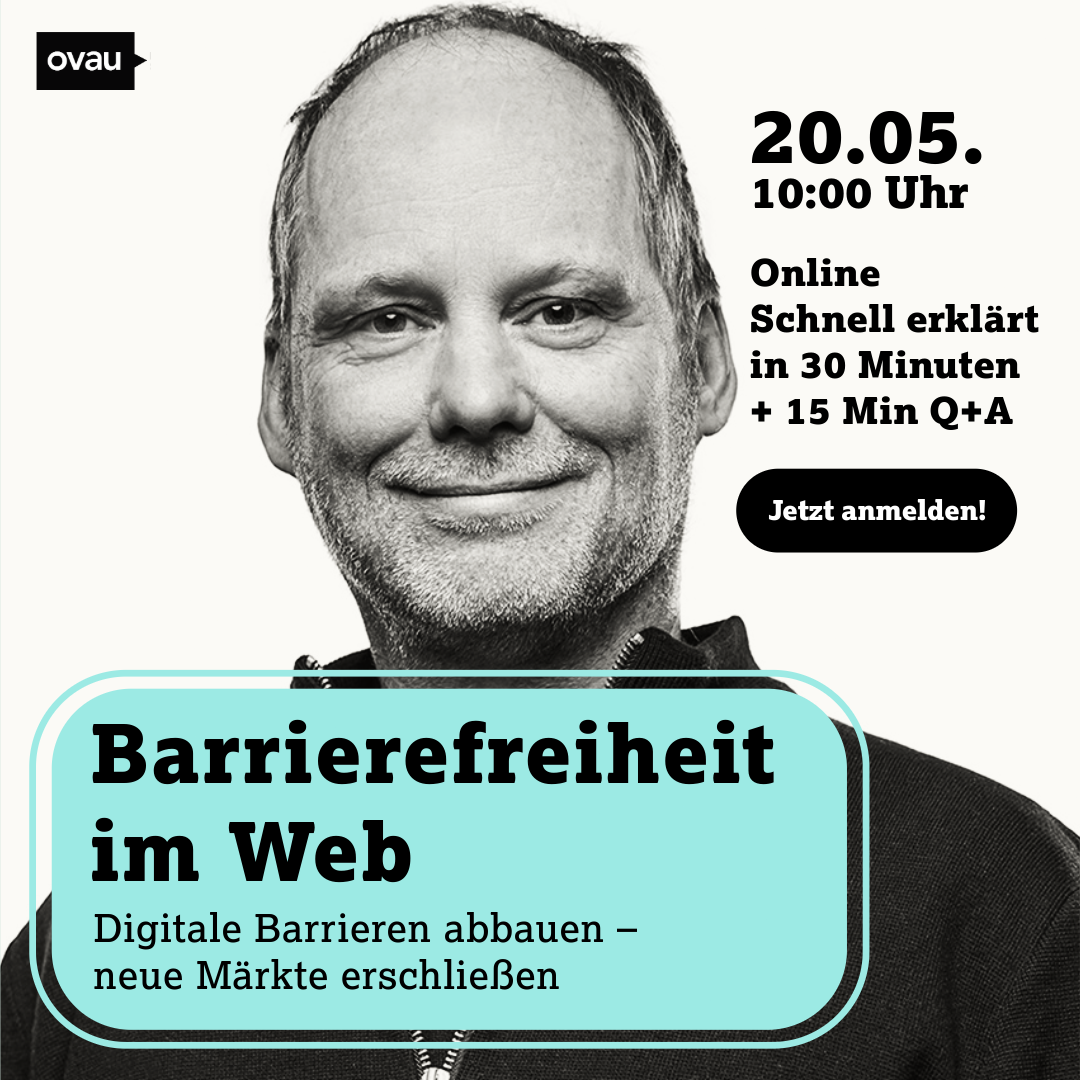 Werbebanner Online Impuls Barrierefreiheit. Schwarz-Weiss-Foto von Oliver Vaupel mit Ankündigungstext Event in schwarzer Schrit auf türkis blauem Untergrund.